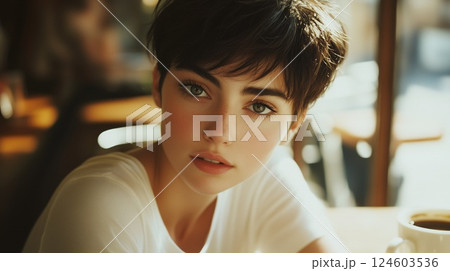 優しい眼差しでこちらを見つめるカフェの女性の肖像写真 124603536
