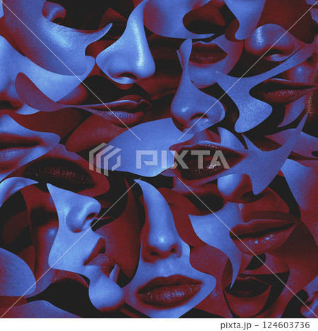 Abstract and surreal colorful women portrait illustration collage made of wavy geometric shapes 124603736