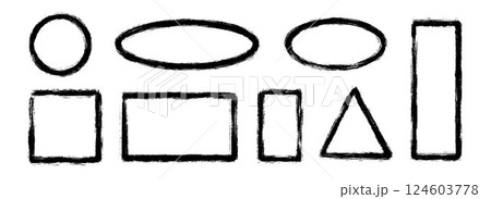Black charcoal geometric frame set. Rectangle, triangle and round paintbrush border collection. Rough sketch elements for diagram, highlight, underline, emphasis. Vector scribbled crayon form pack 124603778
