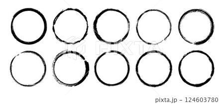 Round paint brush stroke set. Black grunge round stain collection. Ink and charcoal circular frame bundle for logo, label, poster, banner. Rough ring stamp mark pack. Vector encircle design elements 124603780
