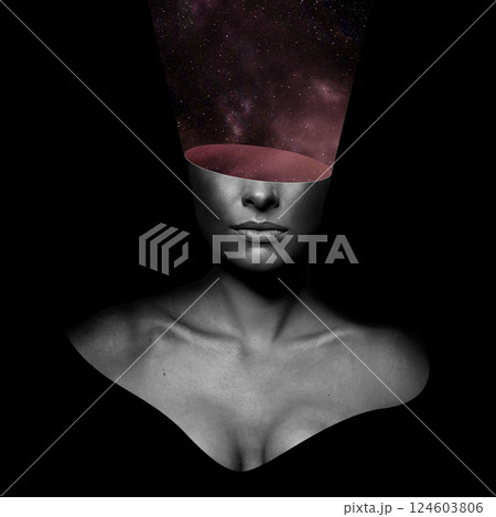 Abstract and surreal woman illustration collage with purple cosmic space floating from head over eyes in black background Abstract and surreal woman illustration collage with purple cosmic space floating from head over eyes in black background 124603806