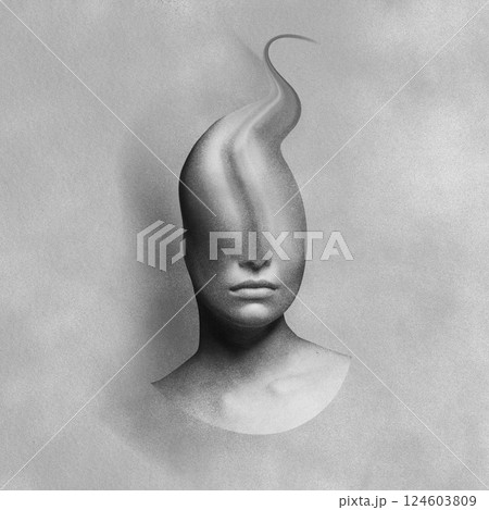 Abstract and surreal woman illustration collage with melting and floating head in wavy form over eyes on gray grunge background 124603809