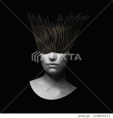 Abstract and surreal woman illustration collage with spiky textured hair over eyes in black background 124603811