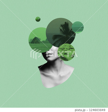 Abstract and surreal woman illustration collage with various circle geometric shapes with tropical pattern over eyes Abstract and surreal woman illustration collage with various circle geometric shapes with tropical pattern over eyes 124603849