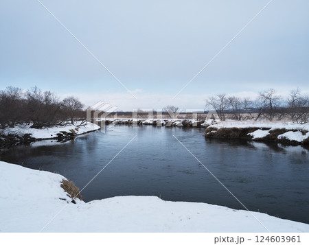 冬の北海道釧路市標茶町クチョロ原野塘路線のスガワラカヌー発着場周辺 124603961