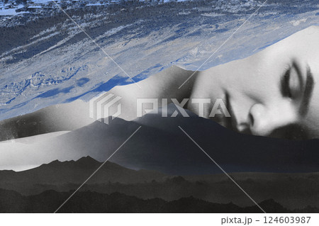 Beautiful dreaming black and white woman portrait in mountains background collage illustration 124603987