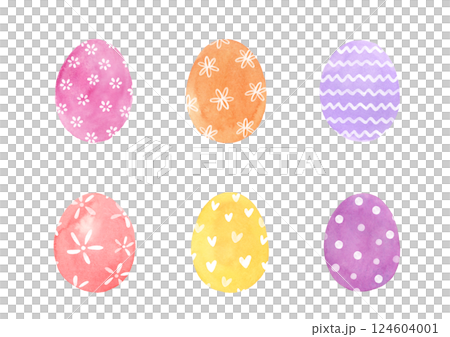 水彩で描いたイースターエッグ 卵 ピンク 黄色 紫 水彩で描いたイースターエッグ 卵 ピンク 黄色 紫 124604001