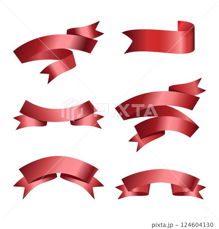 Set of Red Ribbons and Tags isolated on white background. Red award ribbon banners for text. Collection of Different Empty Red Ribbon, Label Design for text. 3D Vector of various shapes. Eps 10. 124604130