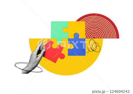 PNG, Poster Collage, hand with puzzles, isolated on white background. PNG, Poster Collage, hand with puzzles, isolated on white background. 124604242