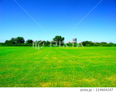 秋の除草されたサッカー場のある江戸川河川敷風景 秋の除草されたサッカー場のある江戸川河川敷風景 124604287