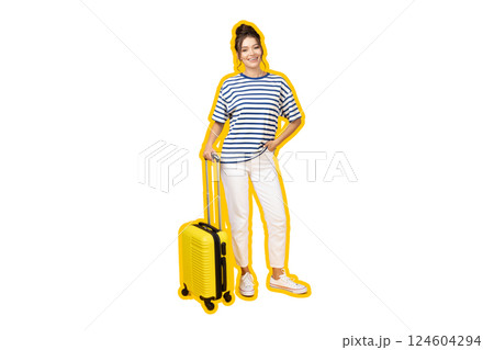 PNG, Poster Collage, girl with suitcase, travel concept, isolated on white background. PNG, Poster Collage, girl with suitcase, travel concept, isolated on white background. 124604294