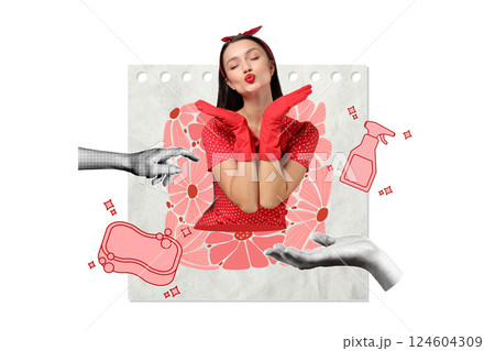 PNG, Poster Collage, girl in retro style sending a kiss with her hands, isolated on white background. 124604309