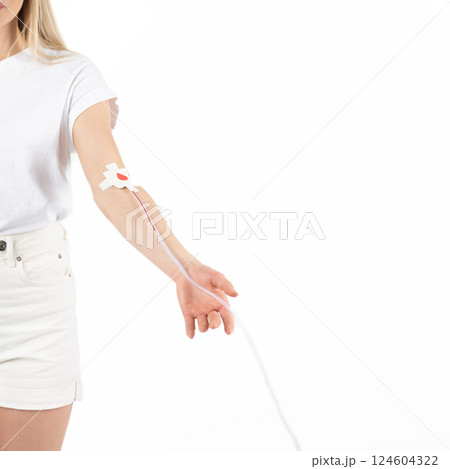Conceptual image of woman giving blood 124604322