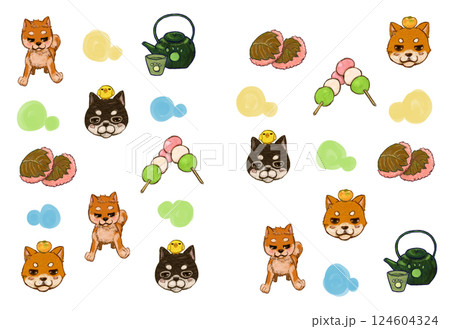 柴犬さんと和菓子イラストの春らしいセットです 124604324