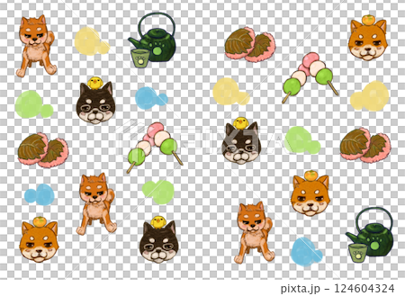 柴犬さんと和菓子イラストの春らしいセットです 124604324