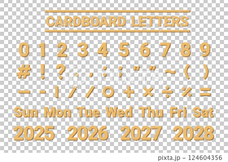 A set of numbers and symbols made from cardboard A set of numbers and symbols made from cardboard 124604356