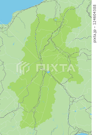 日本の長野県と隣接する都道府県を含む、シンプルな緑色のロードマップ 124604388