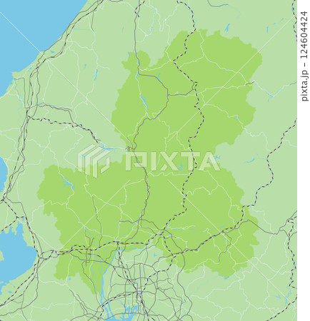 日本の岐阜県と隣接する都道府県を含む、シンプルな緑色のロードマップ 124604424