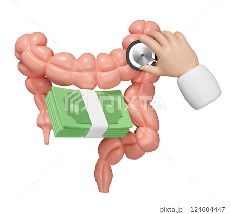 3d healthy colon with stack banknotes, doctor hand holding stethoscope isolated. check colon health, health check cost concept, 3d illustration render 124604447
