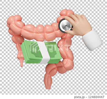 3d healthy colon with stack banknotes, doctor hand holding stethoscope isolated. check colon health, health check cost concept, 3d illustration render 124604447