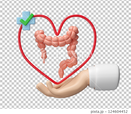 3d hands holding colon with heart, cross, check mark isolated. check colon health, constipation concept, 3d illustration render 3d hands holding colon with heart, cross, check mark isolated. check colon health, constipation concept, 3d illustration render 124604452