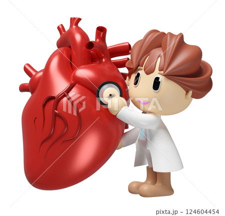 3d realistic human heart with doctor holding a stethoscope isolated. health check concept, 3d illustration render 124604454