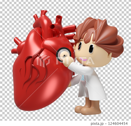 3d realistic human heart with doctor holding a stethoscope isolated. health check concept, 3d illustration render 124604454