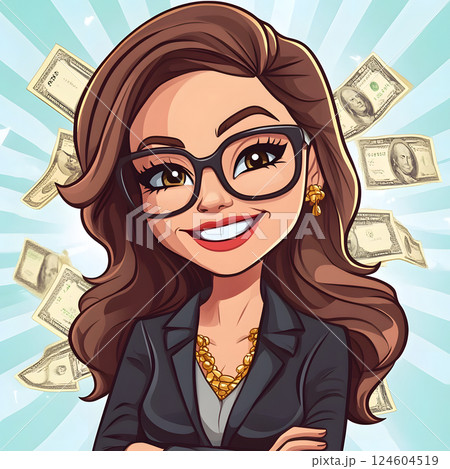 お金に囲まれたビジネス女性のキャラクターイラスト お金に囲まれたビジネス女性のキャラクターイラスト 124604519