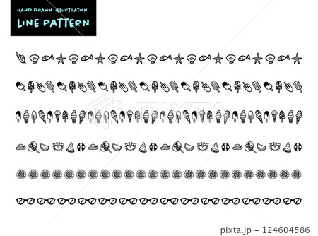 シンプルな手書きのかわいい夏イメージ飾り罫セット シンプルな手書きのかわいい夏イメージ飾り罫セット 124604586