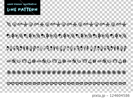 シンプルな手書きのかわいい夏イメージ飾り罫セット シンプルな手書きのかわいい夏イメージ飾り罫セット 124604586