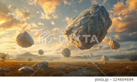 Fantastic frontiers concept. Alien savannah with levitating boulders and atmospheric distortions Fantastic frontiers concept. Alien savannah with levitating boulders and atmospheric distortions 124604694