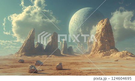 Fantastic frontiers concept. Surreal alien landscape with towering rock formations and massive 124604695