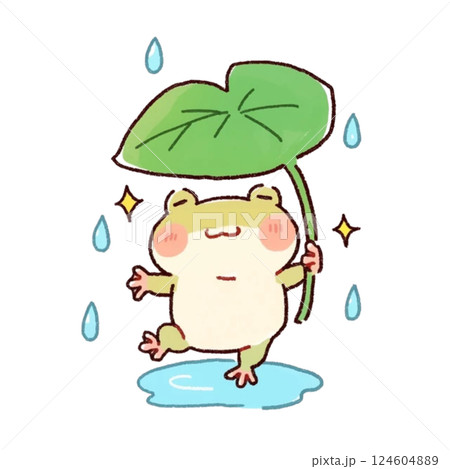 雨ではしゃぐカエルのイラスト、シンプル、素材、背景なし、アイコン 124604889