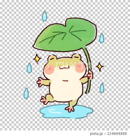 雨ではしゃぐカエルのイラスト、シンプル、素材、背景なし、アイコン 124604889