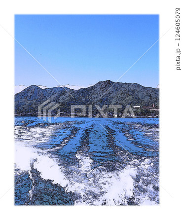 白フチイラスト風に加工　休暇を取り瀬戸内海の島へ向かう定期船の航跡 124605079