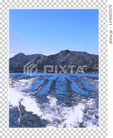 白フチイラスト風に加工　休暇を取り瀬戸内海の島へ向かう定期船の航跡 124605079