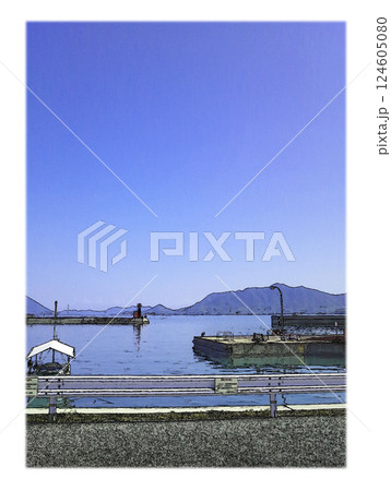 白フチイラスト風に加工　瀬戸内の離れ島へ向かう連絡船を待つ小さな港 124605080