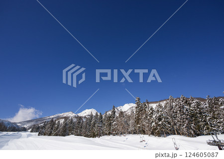 ゲレンデ整備を終えた冬の晴れた日のスキー場の朝 ゲレンデ整備を終えた冬の晴れた日のスキー場の朝 124605087