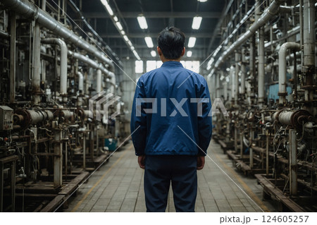 倒産した工場で落ち込む男性 AI生成画像 倒産した工場で落ち込む男性 AI生成画像 124605257