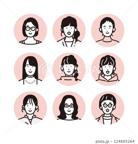 シンプル　イラスト　笑顔のカジュアルな服装の女性のアイコンセット 人物 124605264