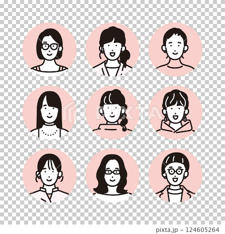 シンプル　イラスト　笑顔のカジュアルな服装の女性のアイコンセット 人物 124605264