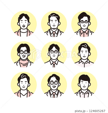 シンプル　イラスト　笑顔のビジネスマンの男性のアイコンセット 人物 124605267