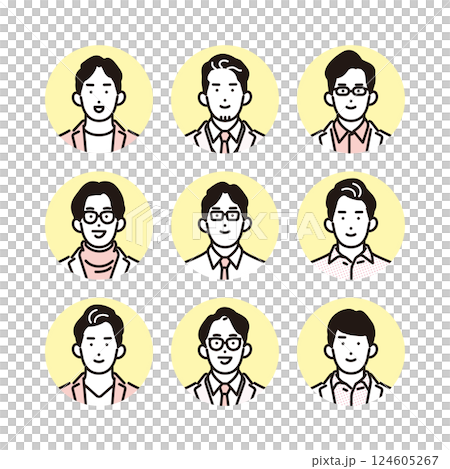 シンプル　イラスト　笑顔のビジネスマンの男性のアイコンセット 人物 124605267