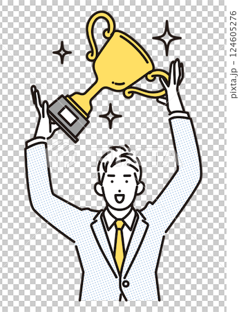 Simple illustration of a businessman holding a trophy Simple illustration of a businessman holding a trophy 124605276