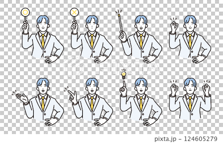 シンプル　イラスト　ポジティブな表情とポーズのビジネスマンの男性 人物バリエーション 124605279