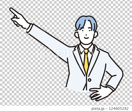 簡單的例子，一個微笑的商人指著 124605282