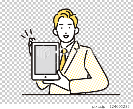 Simple illustration of a businessman showing a tablet 124605283