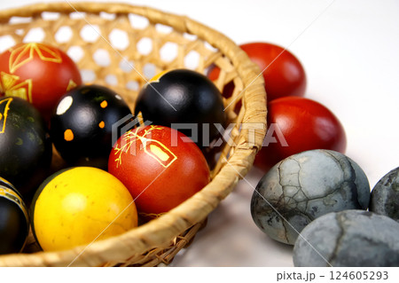 Bowl of colorful Easter eggs. A bowl filled with traditional Ukrainian pysanka eggs, each intricately decorated with vibrant, symbolic patterns, celebrating Easter 2025 124605293