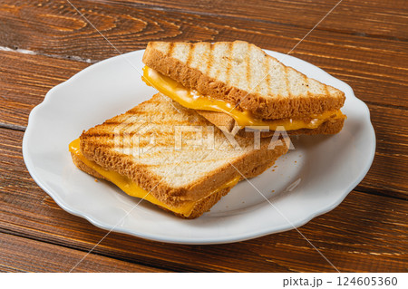 Grilled cheese sandwich served on a white plate for brunch or lunch needs 124605360