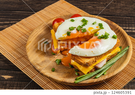 Delicious sandwich with egg, cheese, and fresh vegetables on wooden plate 124605391